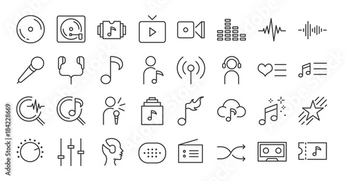 Music app icon set. Included the icons as song, playlist, music, album, new release, top chart and more.