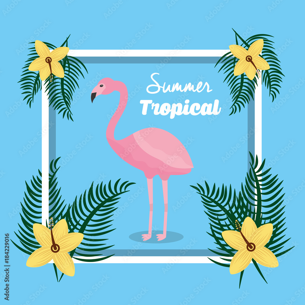 Naklejka premium summer tropical flamingo with flowers frame decoration vector illustration