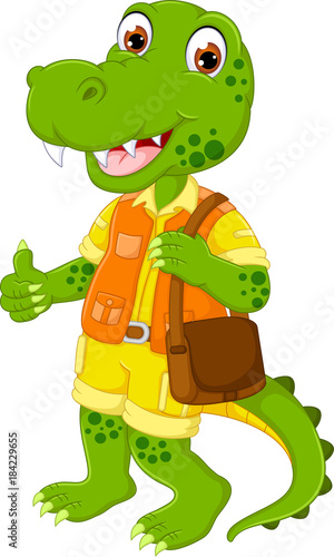 cute crocodile cartoon standing bring bag with smile and thumb up