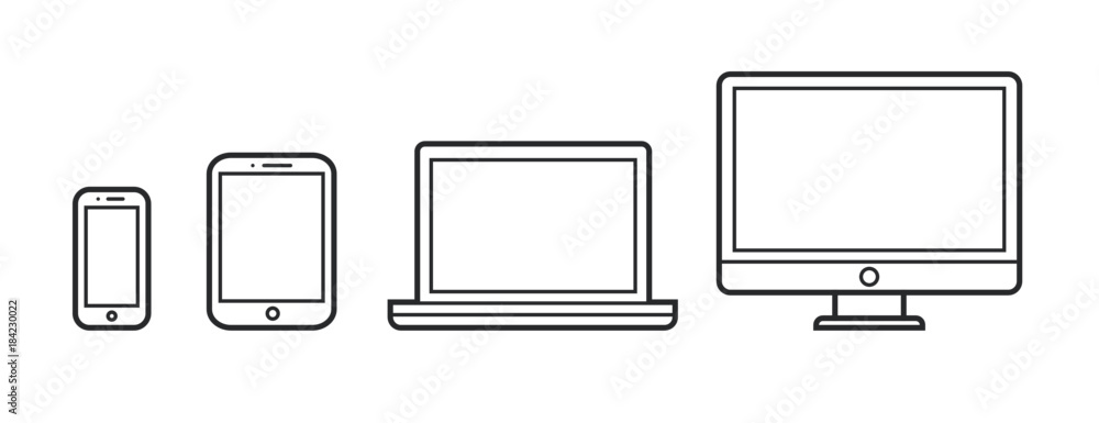 Device Infographic Icons: Smartphone, Tablet, Laptop, Desktop Computer - obrazy, fototapety, plakaty 