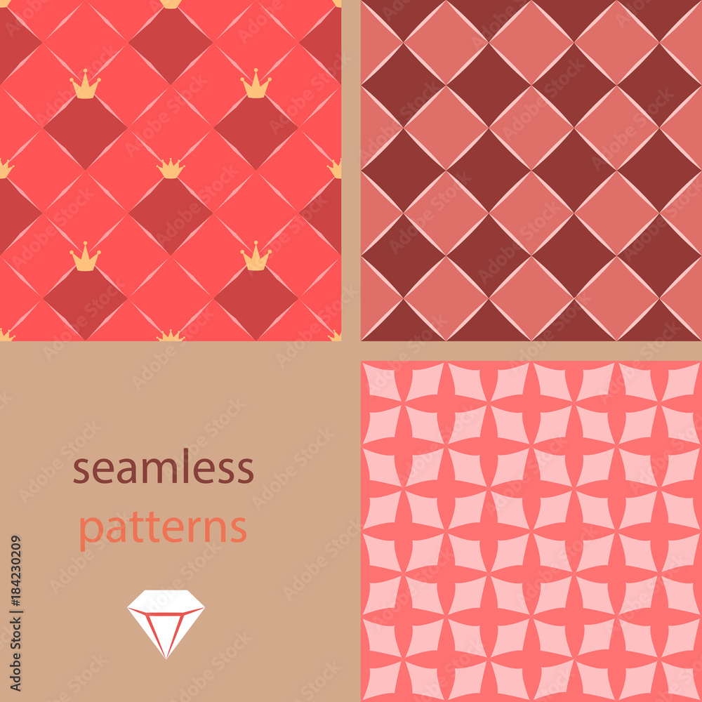 A set of pink seamless patterns with crowns and diamonds for princesses A set of pink seamless patterns with crowns and diamonds for princesses