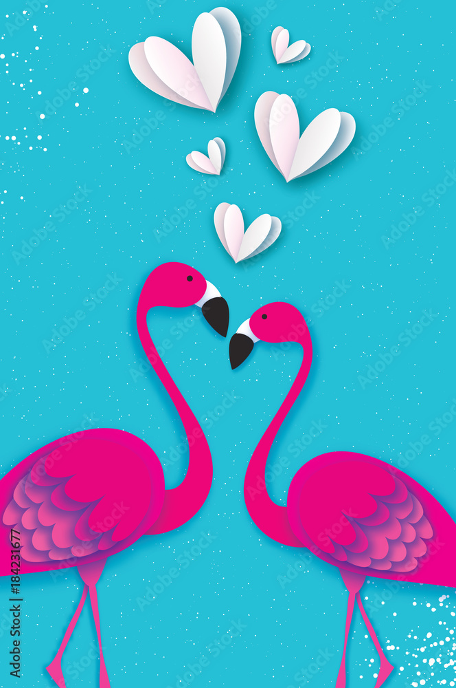 Fototapeta premium Exotic birds love. Flamingo couple. Beautiful pink birds. Tropical Jungle. Palm leaves. Love with paper cut white hearts. Romantic Invitation card. Happy Valentine's day. 14 February.