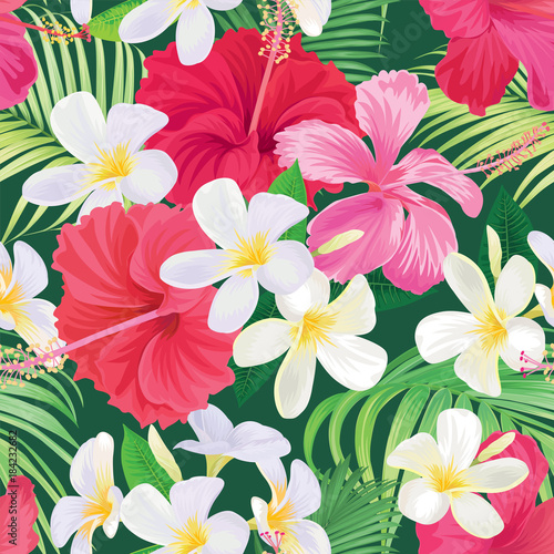 Tropical seamless pattern with hibiscus syriacus and plumeria flower with leaf on green background. Vector set of exotic tropical garden for wedding invitations, greeting card and fashion design. 