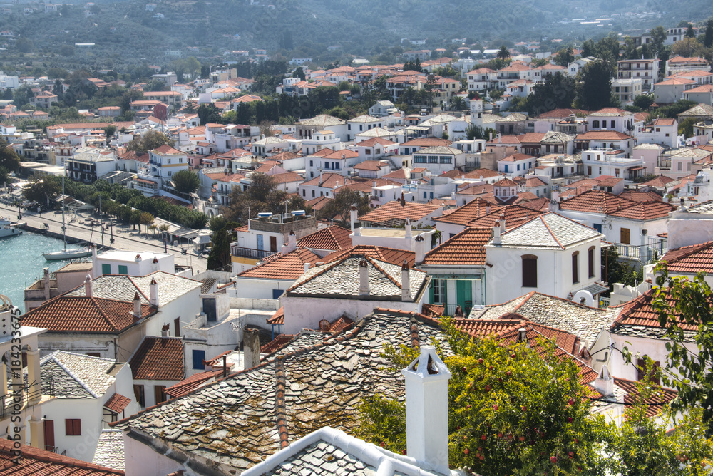 Typical historical houses in Skopelos town on Skopelos island in Greece
