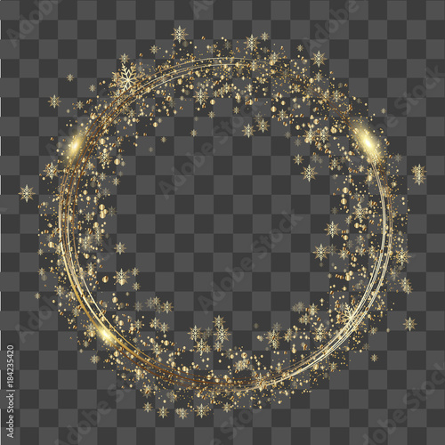 Abstract round glowing lights and gold sparkles on transparent background. Vector