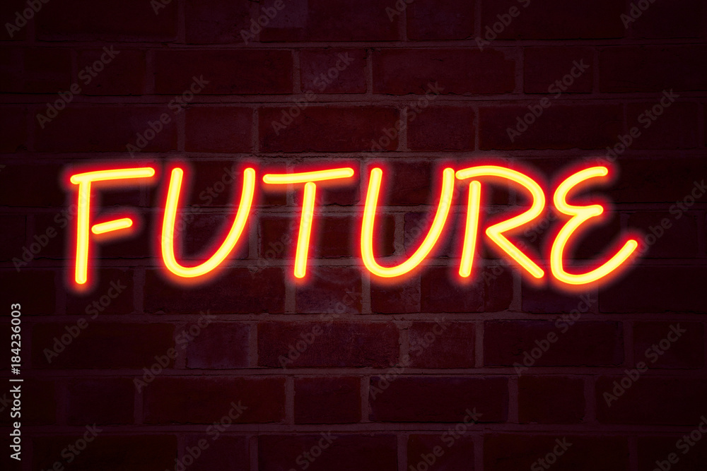 Future neon sign on brick wall background. Fluorescent Neon tube Sign on brickwork Business concept for The Time That Is To Come Beginning From Now 3D rendered