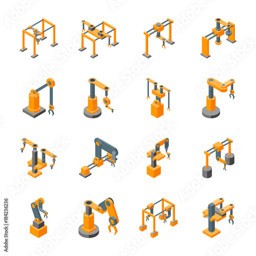Conveyor Machines Robotic Hand Icons Set Isometric View. Vector