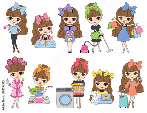 Vector Illustration of cute brown haired girl in daily life activities such as working out, studying, doing laundry, cooking, vacuuming, shopping, paying bills, traveling.