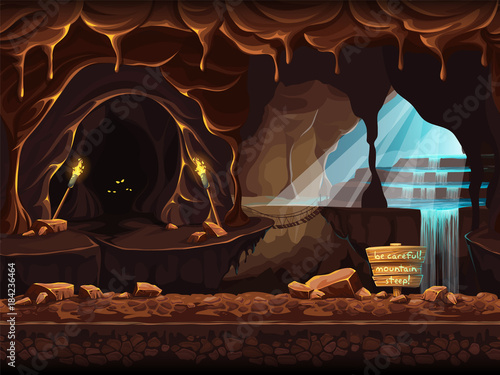 Illustration fantasy cave with a sign and stones