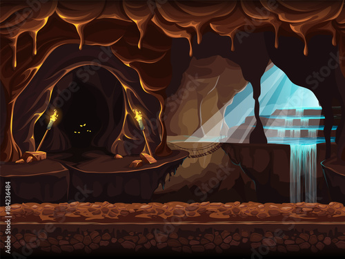 Illustration fantasy cave with a waterfall