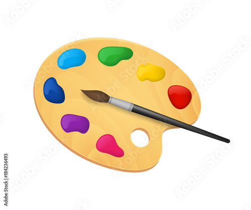 Realistic Detailed 3d Wooden Art Palette with Paints and Brush. Vector