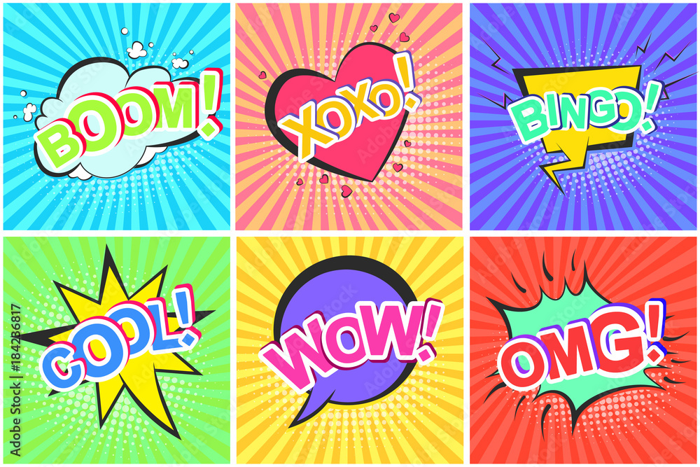 Bright contrast retro comic speech bubbles set with colorful Bingo, Boom, Xoxo, Cool, Omg, Wow words. Black outline balloons with halftone shadow and stripes in pop art style for advertisement, label Bright contrast retro comic speech bubbles set with colorful Bingo, Boom, Xoxo, Cool, Omg, Wow words. Black outline balloons with halftone shadow and stripes in pop art style for advertisement, label