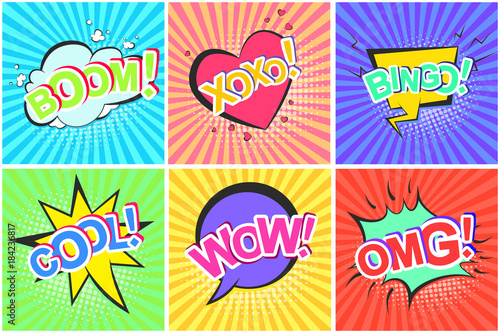 Bright contrast retro comic speech bubbles set with colorful Bingo, Boom, Xoxo, Cool, Omg, Wow words. Black outline balloons with halftone shadow and stripes in pop art style for advertisement, label