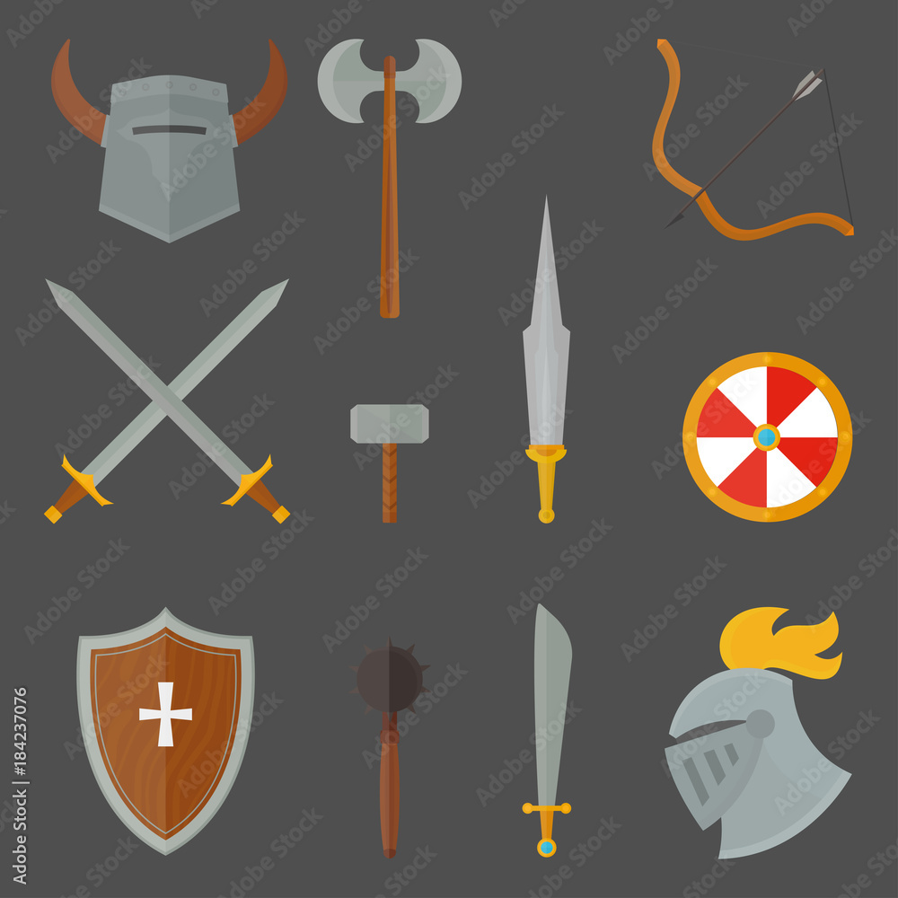 Knights symbols medieval weapons heraldic knighthood elements medieval kingdom gear knightly vector illustration. Knights symbols medieval weapons heraldic knighthood elements medieval kingdom gear knightly vector illustration.
