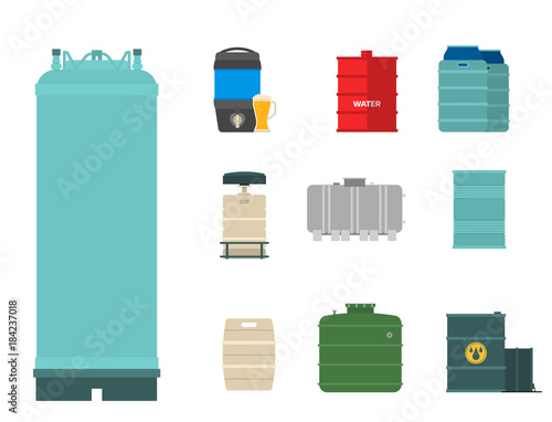 Oil drums container fuel cask storage rows steel barrels capacity tanks natural metal bowels chemical vessel vector illustration