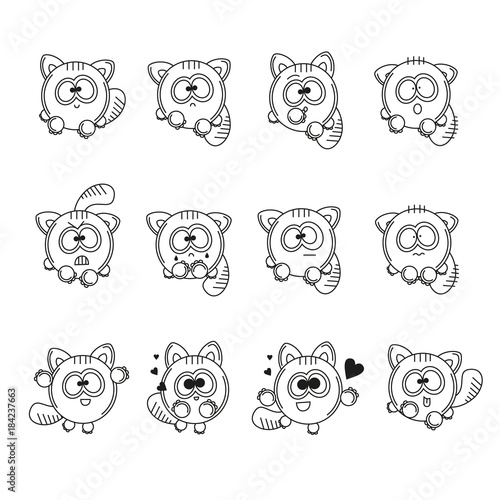 Set vector contour illustrations isolated character cartoon funny cat stickers emoticons with different emotions. Black and white happy, sad, loving, angry, surprised and frightened kitten.