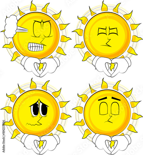 Cartoon sun with heart shape hand gesture. Collection with sad faces. Expressions vector set.