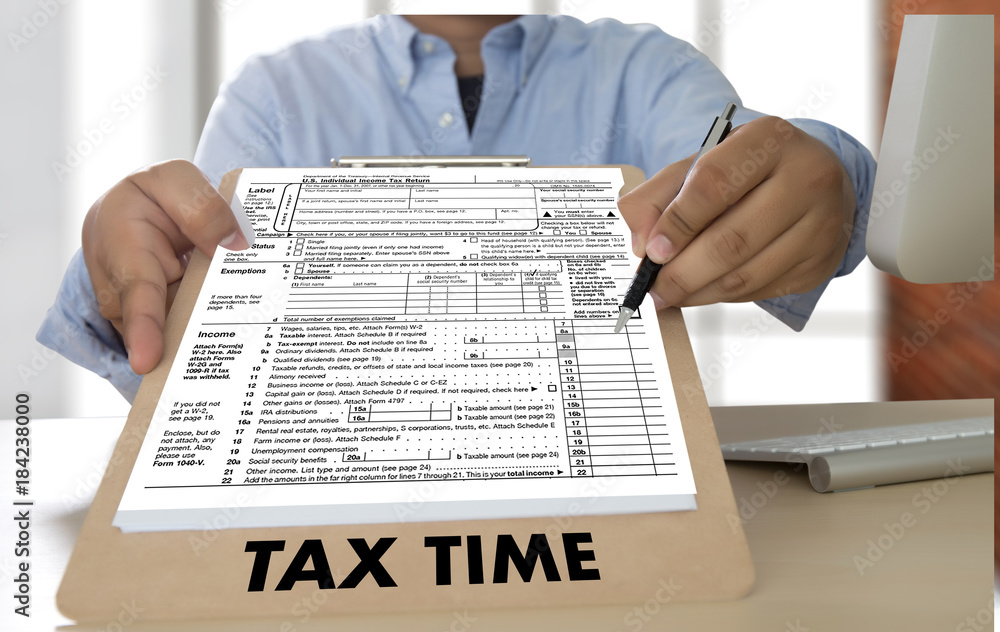 Naklejka premium Time for Taxes Planning Money Financial Accounting Taxation Businessman Tax Economy Refund Money