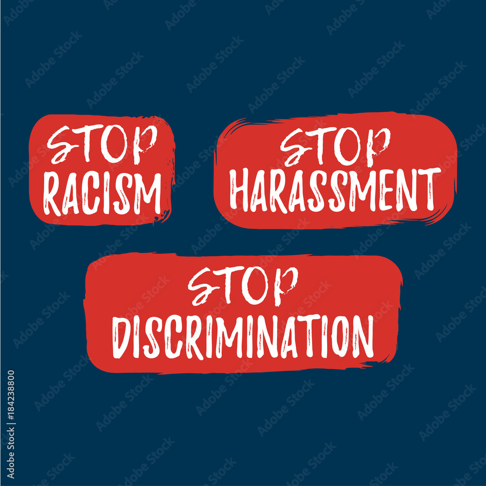 Set of Discrimination, Racism and Harassment label. Font with Brush. Equal Rights Badges. Vector