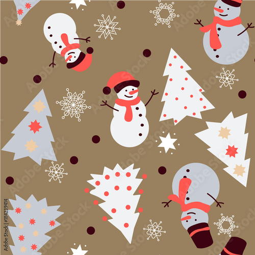 Snowman and Spruce Winter Seamless Pattern