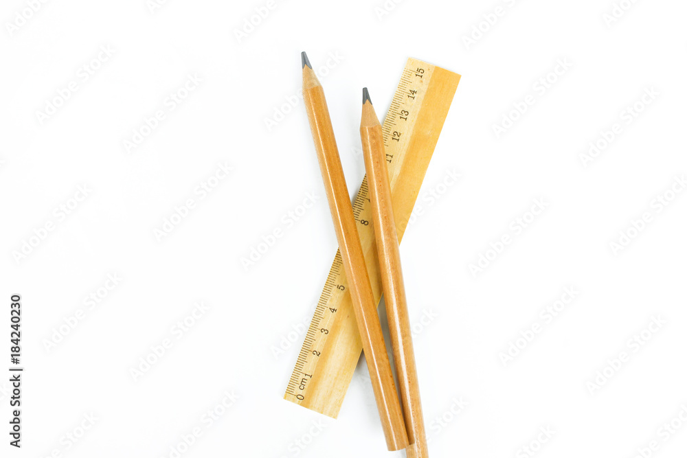 Set of wooden writing tools, pencil, pen, ruler, eraser, sharpener and book