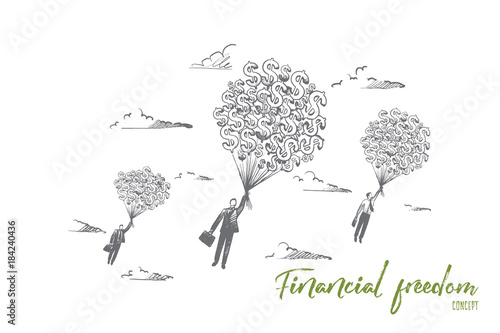 Financial freedom concept. Hand drawn businessmen flying with a lot of dollars. Money gives fill of freedom isolated vector illustration.