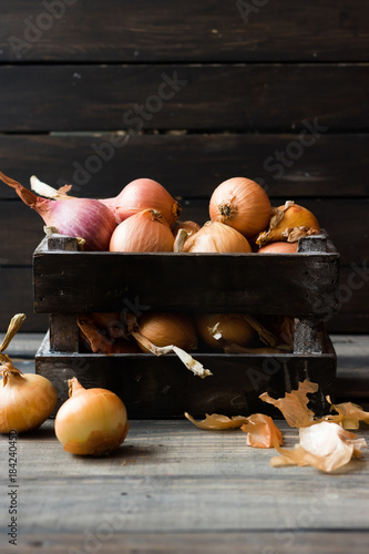 Onion in a wooden box on a dark background photo