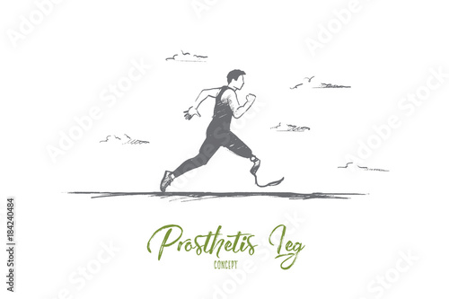 Prosthesis concept. Hand drawn man running with prosthesis. Disabled sportsman runs isolated vector illustration.