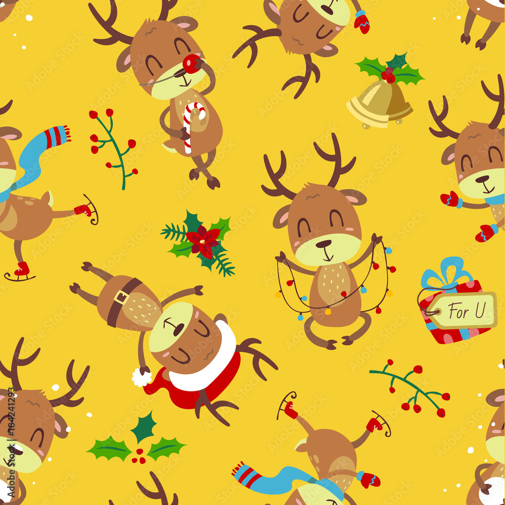 Fototapeta premium vector cartoon style christmas deer yellow seamless pattern