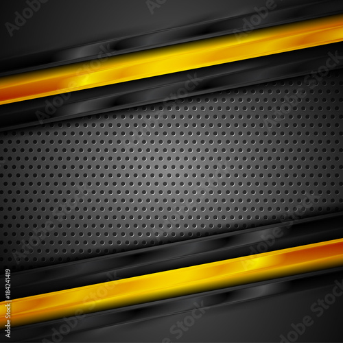 Glossy black and orange stripes on perforated background