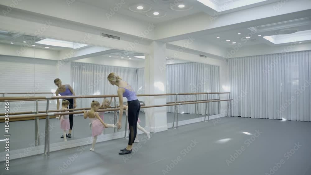 The trainer teaches two girls how to turn around beautifully while ballet class. The teacher showes how to stand on the tips of the toes straight, raises her arms upward and twist right. The little The trainer teaches two girls how to turn around beautifully while ballet class. The teacher showes how to stand on the tips of the toes straight, raises her arms upward and twist right. The little