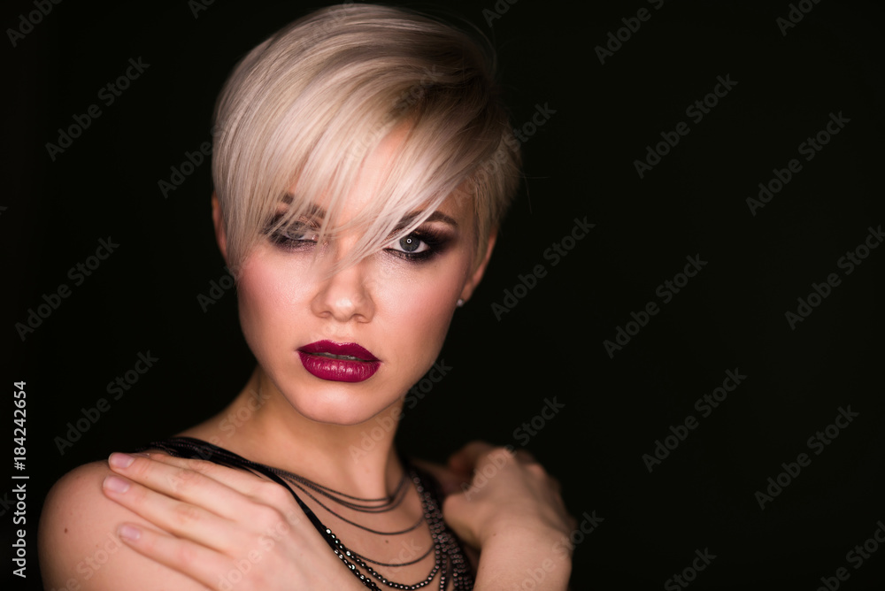 beautiful young naked woman. beauty blonde girl with short haircut. fashion  hairstyle Stock Photo | Adobe Stock