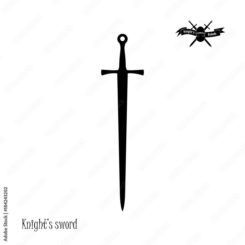 Black silhouette of knight's sword on white background. Icon of fantasy falchion. Vector illustration Black silhouette of knight's sword on white background. Icon of fantasy falchion. Vector illustration