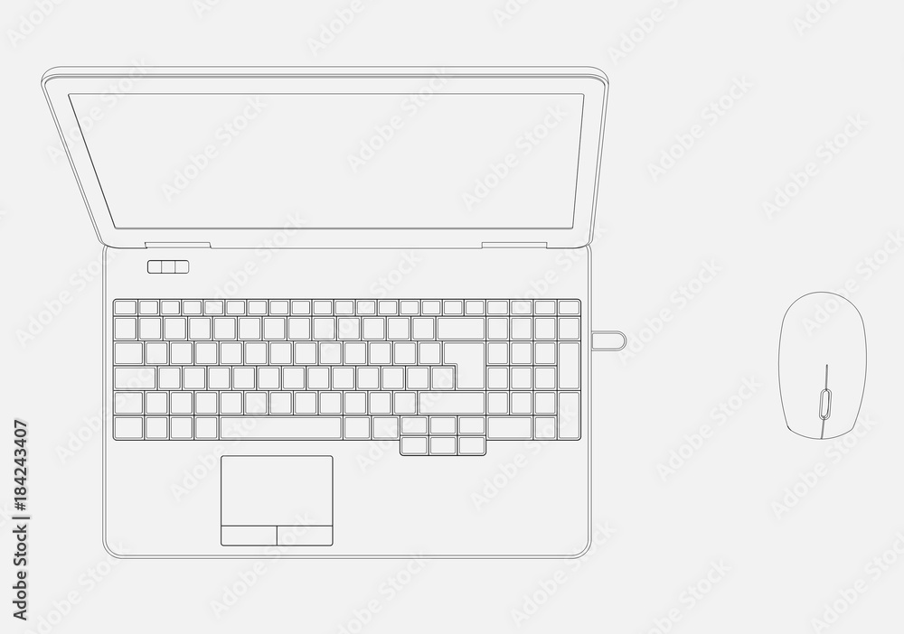 CAD Drawing of Laptop Computer & Mouse from above with perspective white  background. Stock Illustration | Adobe Stock