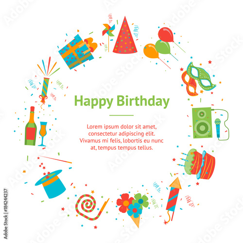 Cartoon Happy Birthday Party Banner Card Circle. Vector