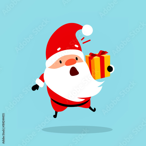 Funny Santa Claus is holding a gift in his hands. Santa shocked, jumped with surprise. Christmas vector characters is suitable for New Year's design