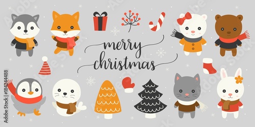 xmas character and elements with merry christmas hand lettering font for winter season, christmas tree, polar bear, fox, Siberian husky, cat, bunny, seal, penguin in scarf and sweater, flat design