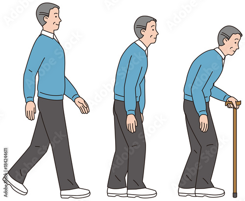 杖をつく男性と健康な歩き方の男性