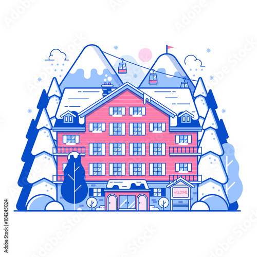 Ski resort landscape in line art design. Monoline winter mountain hotel abstract background. Snowy peaks, inn building and funiculars on Alps forest. Winter holidays in the mountains concept banner.