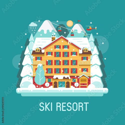 Ski resort landscape in flat design. Cartoon winter mountain hotel abstract background. Snowy peaks, inn building and funiculars on Alps forest area. Winter holidays in the mountains concept banner.