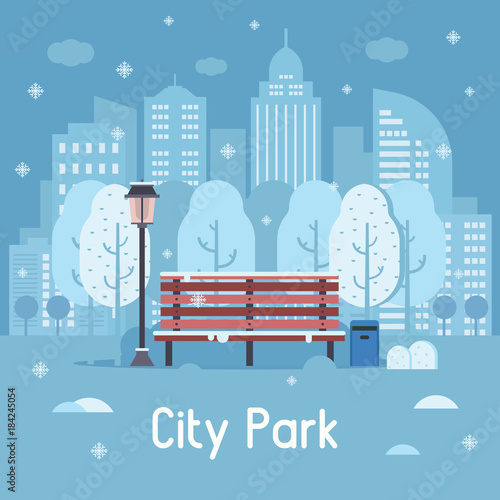Winter city park landscape with wooden bench, street lamp, trashcan and trees on snow modern city background. Snowy public park banner under snowfall in flat design. Wintertime abstract town scene.
