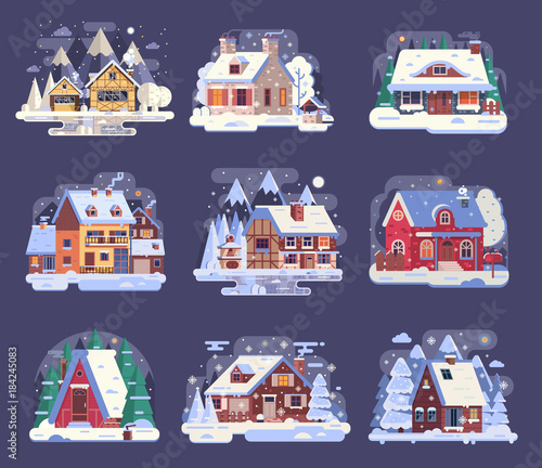 Obraz na płótnie Winter country houses and cabins collection. Cartoon snow homes and rural cottages set. Including wooden chalet, mountain lodge, half-timbered mountain house snowy buildings by night in flat design. w salonie