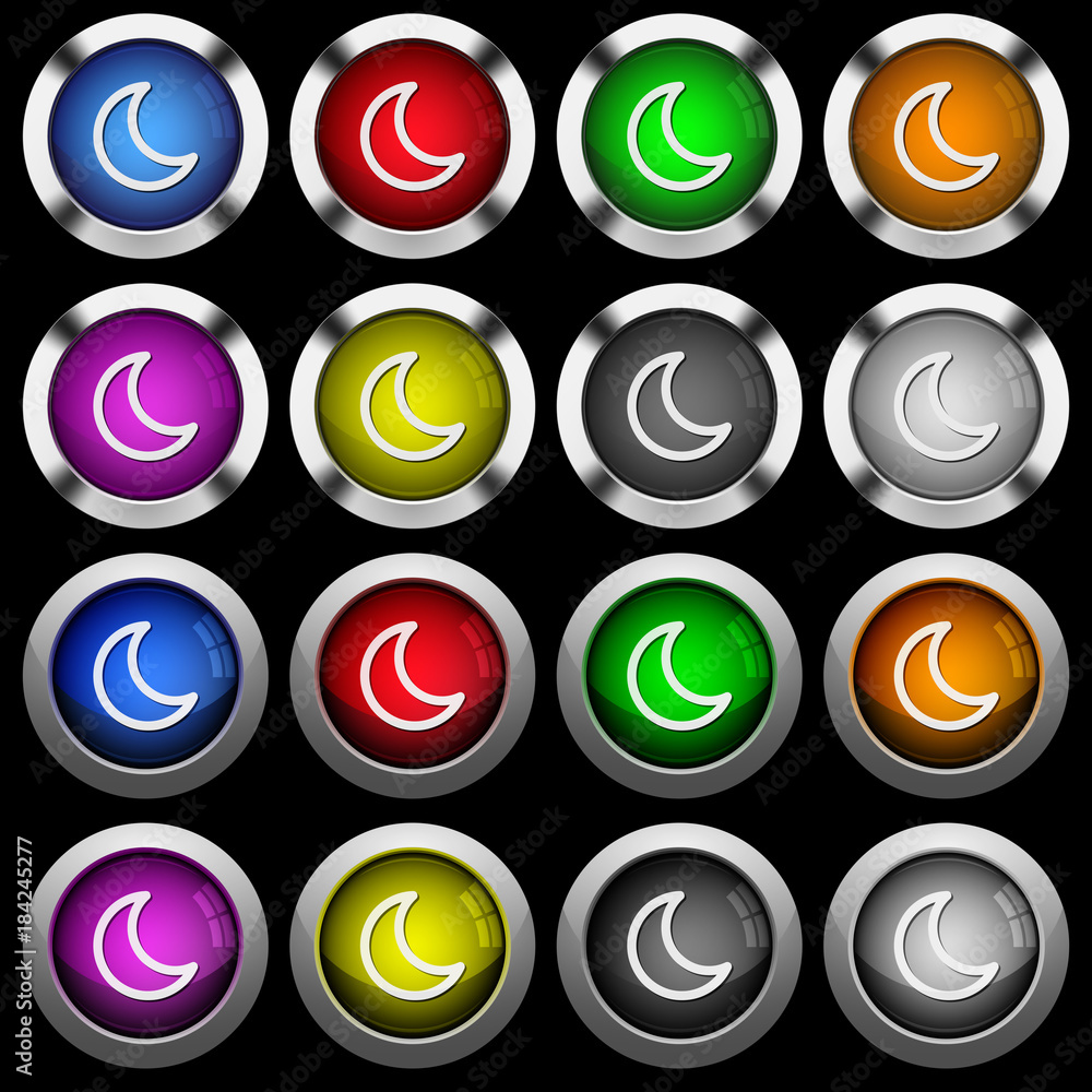 Moon shape white icons in round glossy buttons on black background Moon shape white icons in round glossy buttons on black background