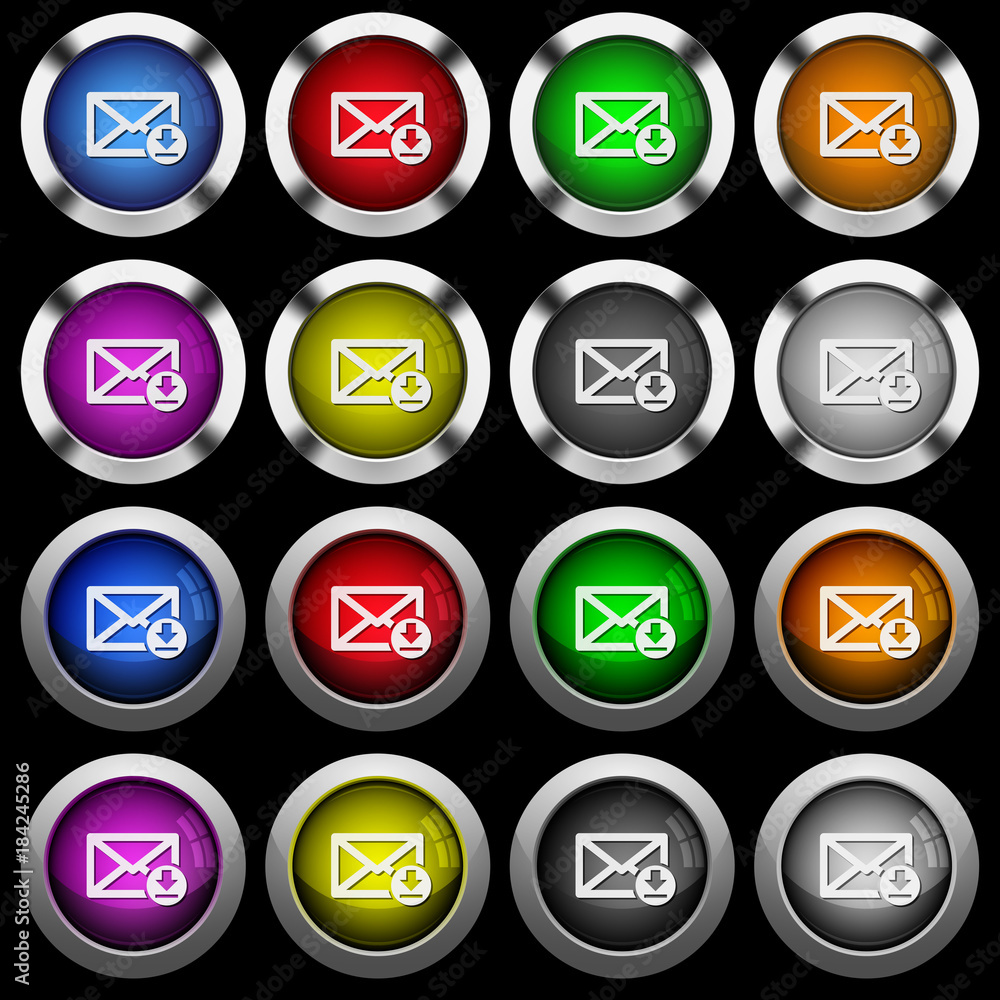 Receive mail white icons in round glossy buttons on black background Receive mail white icons in round glossy buttons on black background