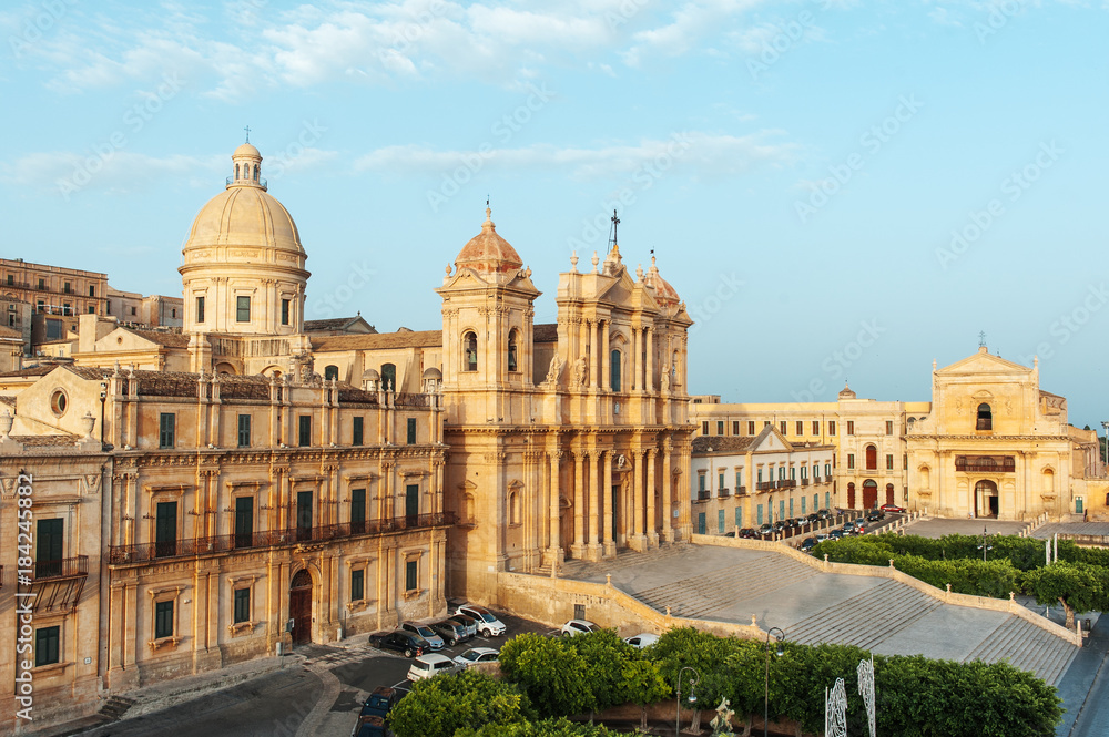 Scenic view of the Noto cathedral church, example of baroque architecture, Sicily, Italy