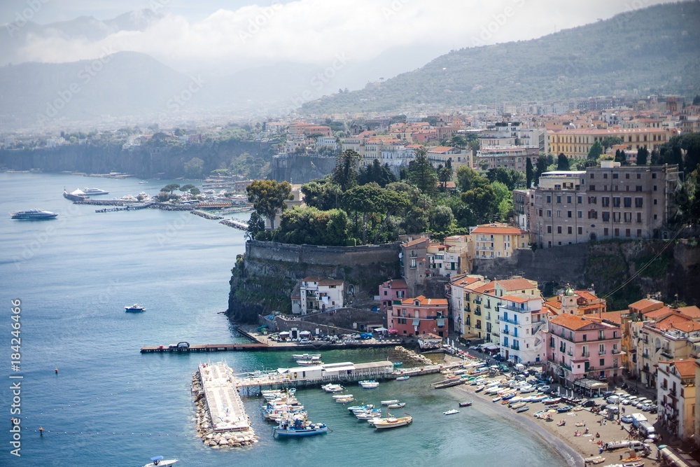 Sorrento panoramic view of the coast and Marina grande, Campania, Italy