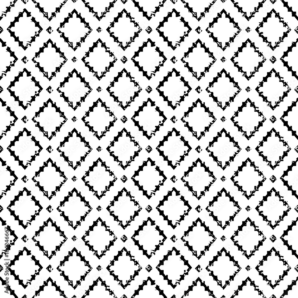Black and white aged geometric arabic rhombus ethnic grunge seamless pattern, vector