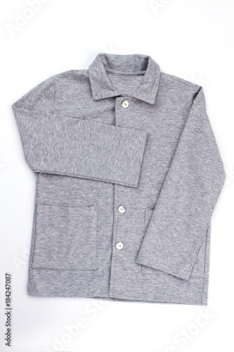 Gray melange shirt on white. Good looking, warm and comfy for sleeping. Boys pajama top with pockets.
