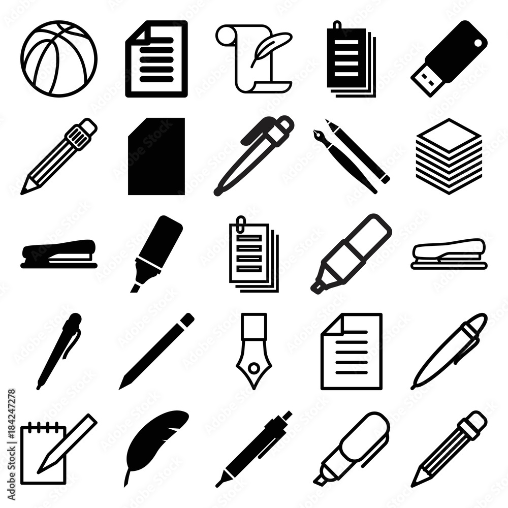 Set of 25 pen filled and outline icons Set of 25 pen filled and outline icons