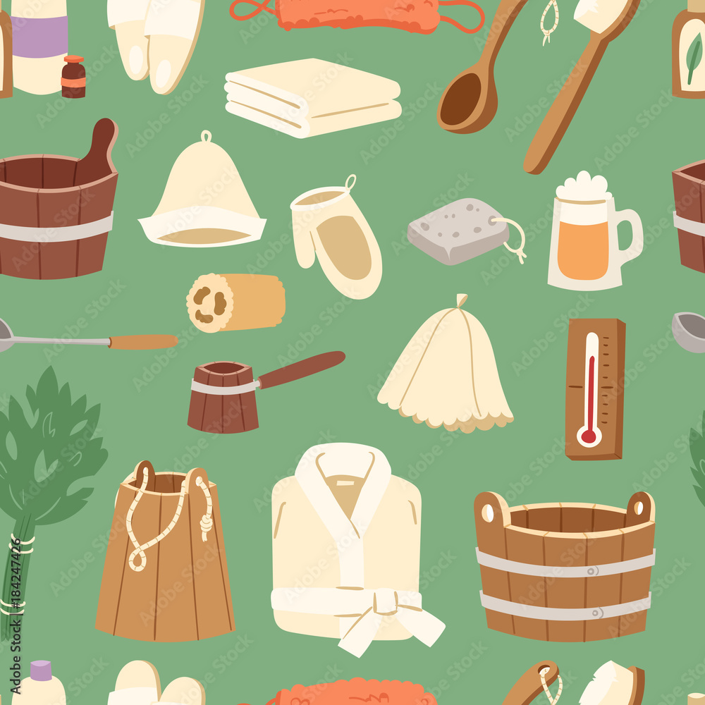 Bath house vector sauna hot water spa termal steam healthcare concept bathroom broom sauna bucket illustration seamless pattern background Bath house vector sauna hot water spa termal steam healthcare concept bathroom broom sauna bucket illustration seamless pattern background